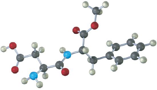 The ball and stick model of aspartame where grey, black, blue and red spheres represent hydrogen, carbon, nitrogen, and oxygen, respectively.