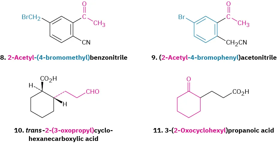 The structures of four compounds named 2-acetyl-(4-bromomethyl)benzonitrile, (2-acetyl-4-bromophenyl)acetonitrile, trans-2-(3-oxopropyl)cyclohexanecarboxylic acid, and 3-(2-oxocyclohexyl)propanoic acid.