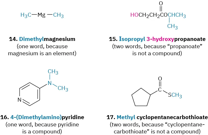 The structures of four compounds named dimethylmagnesium, isopropyl 3-hydroxypropanoate, 4-(dimethylamino)pyridine, and methyl cyclopentanecarbothioate.