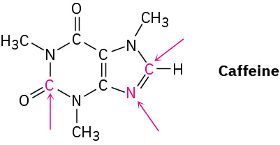 The line-bond structure of caffeine featuring three arrows and red text highlighting C2, C8, and N9 atoms.