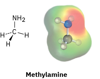 The chemical structure and ball stick model of methylamine, plus an electron density map showing highest density near nitrogen.