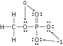 Structure of phosphorus with double bond to oxygen, two single bonds to oxygen (charges are minus 1 each), and single bond to O C H 3.