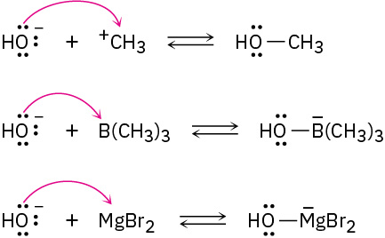 Three reversible reactions show methyl cation, trimethyl borane, and magnesium bromide each reacting with hydroxide ion to form products.