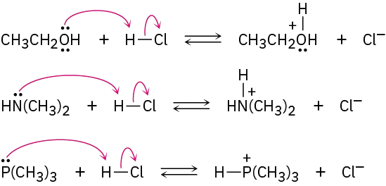 Three reversible reactions show ethanol, dimethylamine, and trimethylphosphine each reacting with hydrogen chloride to form protonated products.