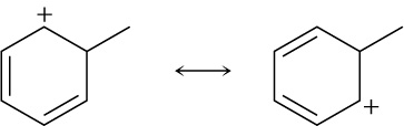 Two resonance structures of the 5-methyl-1,3-cyclohexadiene cation. In the first structure, the cation is at C6; in the second, it is on the opposite side of the methyl group.