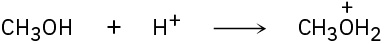 In a reaction, methanol reacts with hydrogen ion to form the protonated (at oxygen) methanol product.