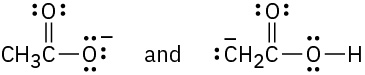 Two Lewis structures: First shows a carbonyl group bonded to a methyl group and oxygen anion. Second shows a carbonyl group bonded to a hydroxyl group and a methylene anion.