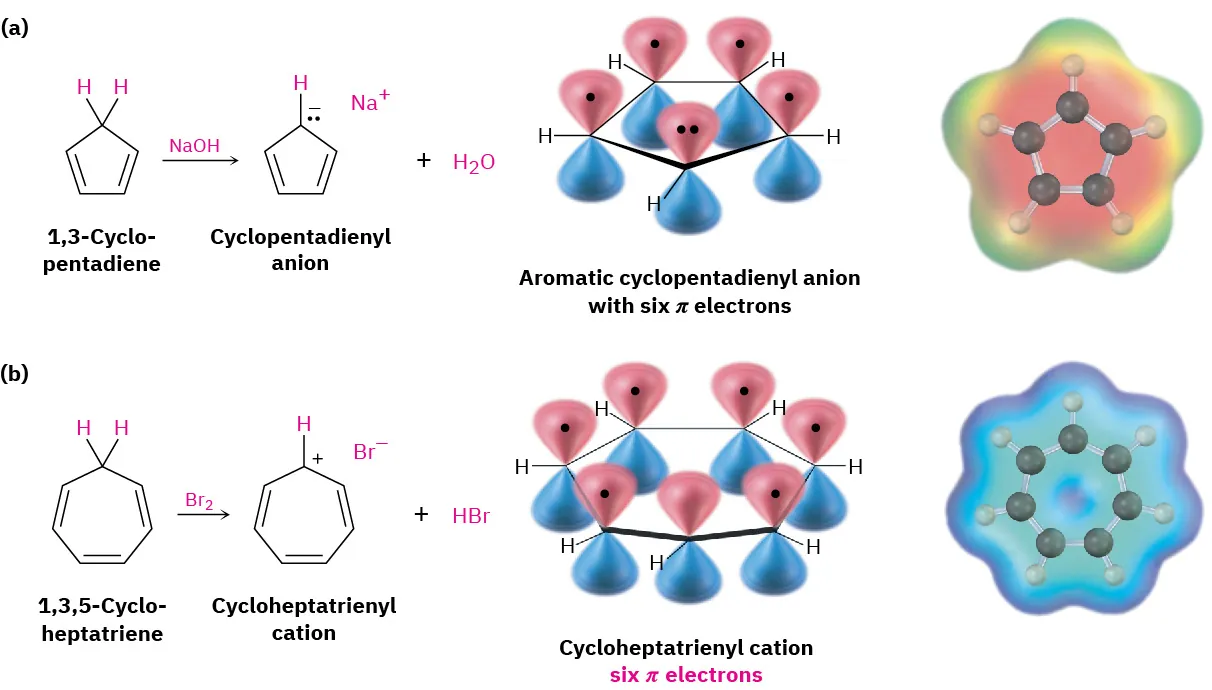 A: Reaction of 1,3-cyclopentadiene with sodium hydroxide generates the cyclopentadienyl anion, the  orbital representation and electrostatic potential map of which are given. B: Reaction of 1,3,5-cycloheptatriene with bromine generates the cycloheptatrienyl cation, the orbital representation and electrostatic potential map of which are given..