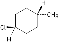 In a cyclohexane ring, C1 is wedge bonded to chlorine and dash bonded to hydrogen. C4 is wedge bonded to hydrogen and dash bonded to methyl group.