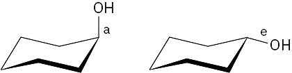 Two chair conformations of cyclohexanol. In the first conformation, C1 is bonded to axial hydroxyl group. In the second conformation, C1 is bonded to equatorial hydroxyl group.