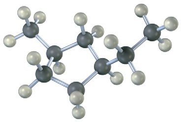 The ball and stick model of cyclopentane. C1 is bonded to an equatorial ethyl group. C3 is bonded to an equatorial methyl group. Black and gray spheres represent carbon and hydrogen, respectively.