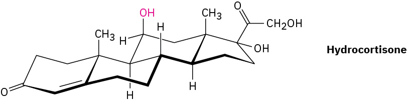 The chair conformation of hydrocortisone. The axial hydroxyl group bonded at C11 of the third ring is highlighted.