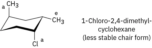 The less stable chair form of 1-chloro-2,4-dimethyl-cyclohexane featuring the C1 chlorine atom and C4 methyl group at axial positions, and the C2 methyl group at an equatorial position, respectively.