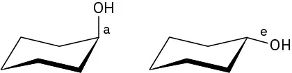 Two chair conformations of cyclohexanol. In the first conformation, C1 is bonded to axial hydroxyl group. In the second conformation, C1 is bonded to equatorial hydroxyl group.