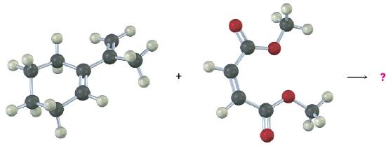 Ball-and-stick model of cyclohexene bonded to C 2 of propene reacts with 4-carbon chain with double bond at C 2. C 1 and C 4 are carbonyls bonded to methoxy.groups
