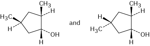 The first structure has cyclopentane ring with dash-bonded hydroxyl at C1, wedge bonded methyl groups at C2 and C4. In the second structure, one methyl is dash bonded at C4.