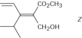 A double bond with vinyl (up) and isopropyl (down) on the left and C O O C H 3 (up) and hydroxymethyl (down) on the right. Text reads Z.