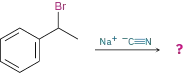 An incomplete reaction of 1-bromo-1-phenylethane with sodium cyanide yields an unknown product, depicted by a question mark.