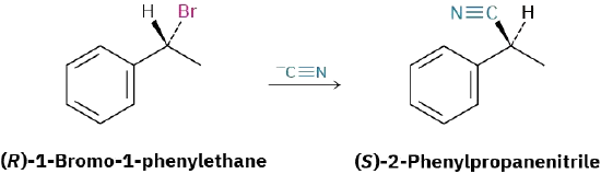 The reaction of (R)-1-bromo-1-phenylethane with cyanide yields (S)-2-phenylpropanenitrile.