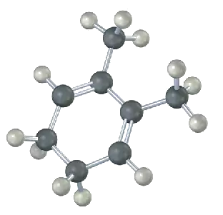 The ball-and-stick model shows a cyclohexadiene ring. C 2 and C 3 are each bonded to a methyl group. The gray and white spheres represent carbon and hydrogen atoms, respectively.