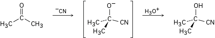 Acetone reacts with cyanide to form an intermediate. This reacts with hydronium ion to form a product in which carbon is linked to hydroxyl, cyano, wedged, and dashed methyl groups.