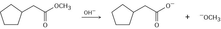 Methyl-2-cyclopentylacetate reacts with hydroxide ions. The product is not shown. The carboxylate analog of methyl-2-cyclopentylacetate reacts with methoxide ions and again the product is not shown.