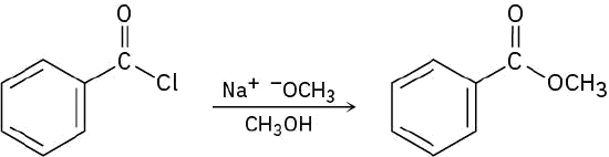 Benzoyl chloride reacts with sodium methoxide in methanol to form methyl benzoate. The product structure has a benzene ring and a methoxy group attached to a central carbonyl group.