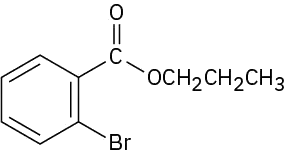 The structure of an ester shows a benzene ring connected to a propoxy carbonyl group. A bromine is attached to the ortho position of the ring.