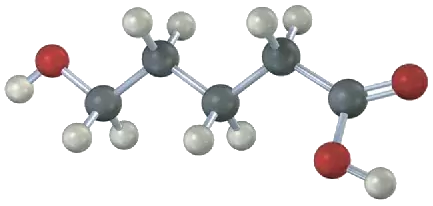 The ball-and-stick model shows a five-carbon chain with hydroxyl group at fifth carbon. The first carbon is a carboxyl group. Black, gray, and red spheres denote carbon, hydrogen, and oxygen.