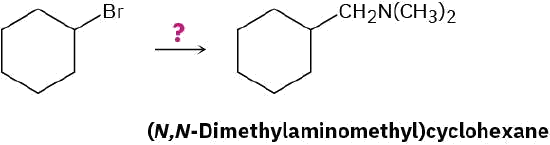 Conversion of bromocyclohexane to (N, N-dimethylaminomethyl)cyclohexane using unknown reagents depicted by a question mark. The bromine in cyclohexane is replaced by an N, N-dimethyl amine group in the product.
