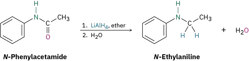 The reaction shows the reduction of N-phenylacetamide using lithium aluminum hydride in ether followed by addition of water to form N-ethylaniline.