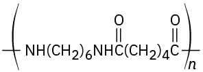 The repeating unit of a polymer in brackets with N H bonded to six methylene bonded to N H bonded to a carbonyl group which itself is bonded to four methylene units and then another carbonyl group.