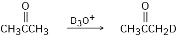 Acetone reacts with trideuteriooxidanium ion to form a product in which one of the hydrogen atoms on acetone has been replaced by a deuterium atom.