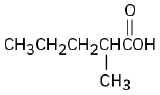 The structure of 2-methylpentanoic acid comprising of a five carbon chain with a C O O H group at C 1 and a methyl group at C 2.