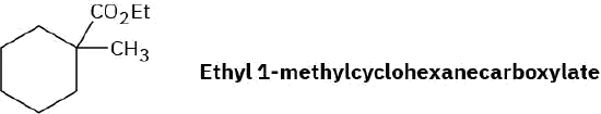 The structure of ethyl 1-methylcyclohexanecarboxylate in which both C O 2 E t and C H 3 groups are bonded to C 1 of cyclohexane.