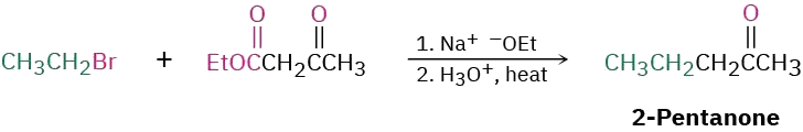 Bromoethane and ethyl acetoacetate react with sodium ethoxide and, following heaing in acid, 2-pentanone is formed.