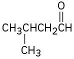 The structure of 3-methylbutanal shows a four-carbon membered chain with a methyl group on the third carbon. The aldehyde group (C H O) is positioned on the first carbon.
