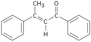 The structure of 1,3-diphenylbut-2-en-1-one shows a four-carbon membered conjugated enone. Two phenyl groups are positioned on the first and third carbon atoms. The second and third carbons are double-bonded.