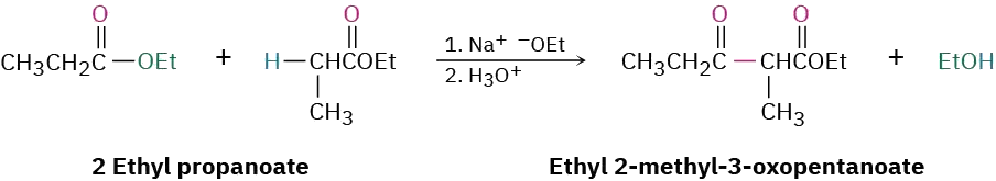 The Claisen condensation of two equivalents of ethyl propanoate with sodium ethoxide followed by hydronium yields ethyl-2-methyl-3-oxopentanoate (a beta-keto ester), and ethanol.