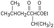 The structure of ethyl-2-isopropyl-5-methyl-3-oxohexanoate shows isopropyl and methyl substituents at second and fifth carbon. A carbonyl is positioned on the third carbon with an ethoxy group on the first carbonyl.