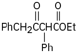 The structure of ethyl-3-oxo-2,4-diphenylbutanoate shows two phenyl groups at second and fourth carbon. Two carbonyl groups are positioned on the first and third carbon, with an ethoxy group on first.