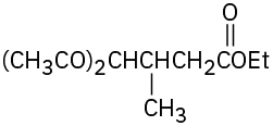 A four-carbon chain with an ethyl ester on C 1, methyl on C 3, and two acetyl groups (C H 3 C O) on C 4.