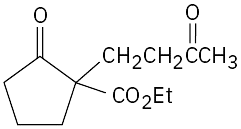 Structure of cyclopentanone ring with the substituents C O O E t and C H 2 C H 2 C double-bonded O C H 3 on C 2.