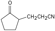 The structure of cyclopentanone with C H 2 C H 2 C N on the second carbon.