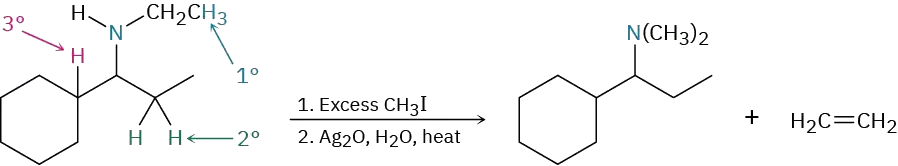 1-Cyclohexyl-N-ethylpropan-1-amine reacts with excess methyl iodide, then silver oxide, water and heat to form 1-cyclohexyl-N,N-dimethylpropan-1-amine and ethene. Various hydrogens are labeled primary, secondary, and tertiary.