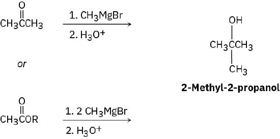 Acetone reacts first with methylmagnesium bromide, then hydronium, to produce 2-methyl-2-propanol. C H 3 C O R reacts first with 2 equivalents methylmagnesium bromide, then hydronium, to produce same product.