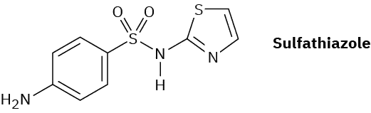 The structure of sulfathiazole, which is aniline connected to a sulfonyl to an N H to a cyclopentadiene with nitrogen and sulfur atoms.