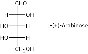 The structure of L-arabinose which is an aldopentose containing five carbon atoms and including an aldehyde functional group.