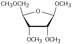 Beta-D-Ribofuranose  reacts with iodomethane in the presence of silver oxide to form beta-D-ribofuranose tetramethyl ether in which the hydrogens of the hydroxyl groups are replaced by C H 3 groups