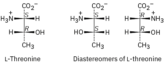 Three structures of threonine. One structure is a Fischer projection of L-threonine. The other two structures represent the diastereomers of L-threonine. The configuration of each carbon atom is mentioned.
